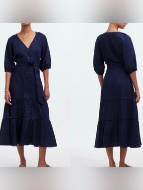 Madewell Blue Tiered Midi Dress Size 12 Button Front Puff Sleeve